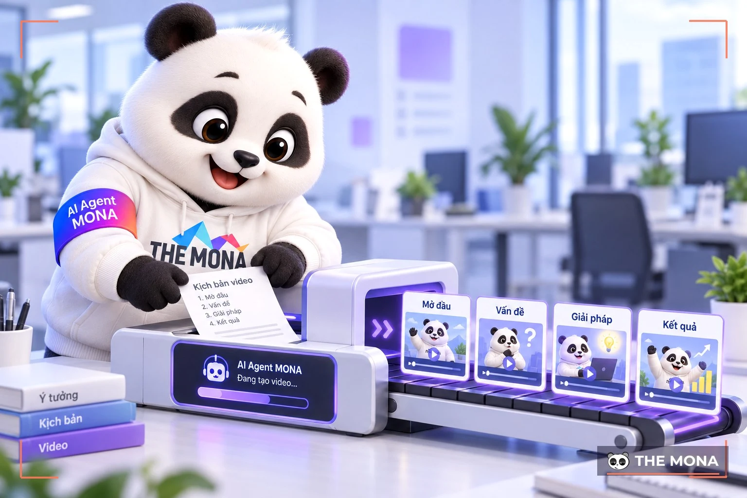 Gấu MONA đẩy tờ kịch bản tiếng Việt vào băng chuyền thành 4 cảnh video