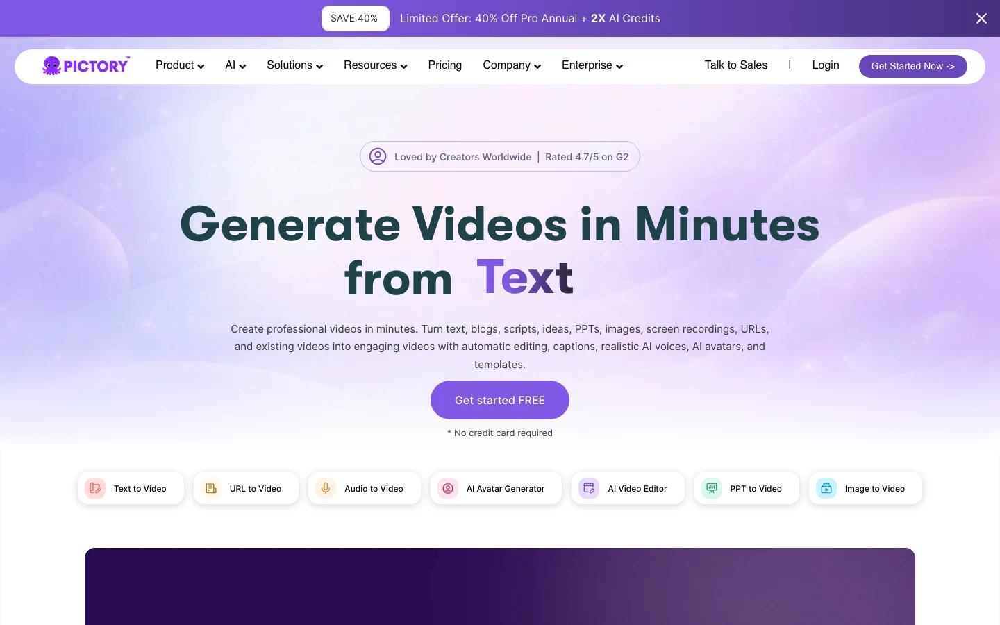 Trang chủ Pictory ngày 16/10/2026 giới thiệu công cụ tạo video bằng AI
