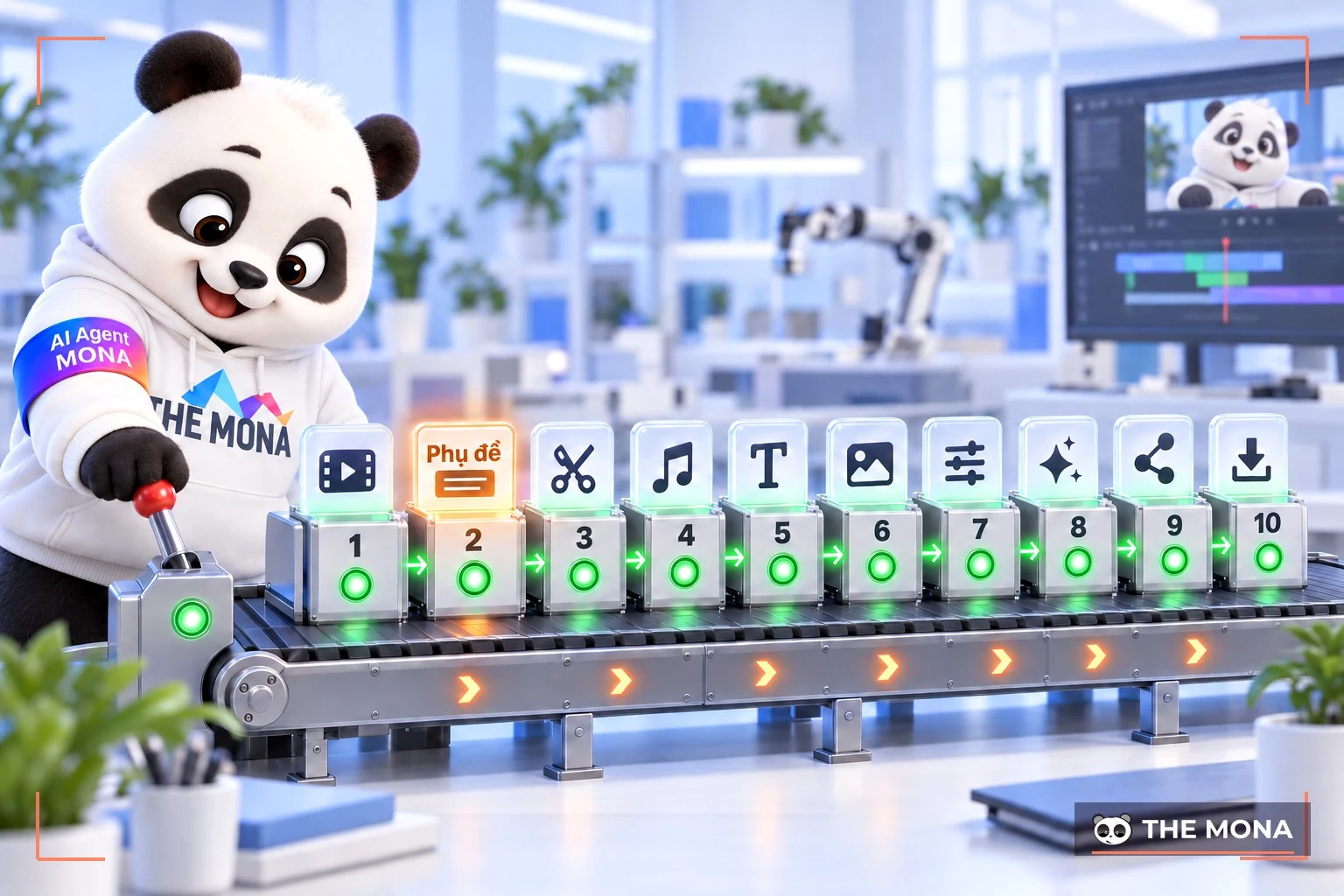 Gấu MONA gạt cần, băng chuyền 10 trạm bật đèn, trạm phụ đề là số 2