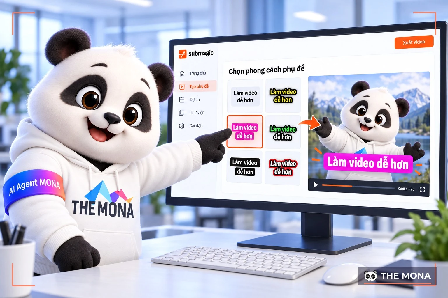 Gấu MONA chọn một mẫu phụ đề, khung xem trước đổi kiểu chữ