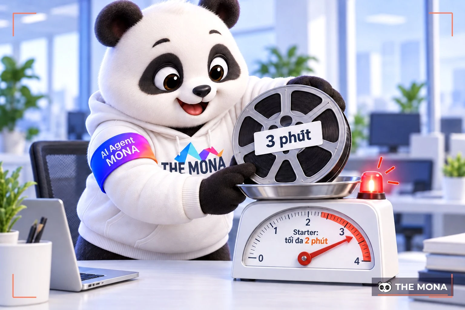 Gấu MONA đặt cuộn clip 3 phút lên cân có vạch Starter tối đa 2 phút