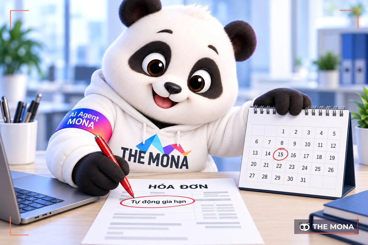 Gấu MONA khoanh dòng tự động gia hạn trên hoá đơn, cạnh lịch khoanh ngày