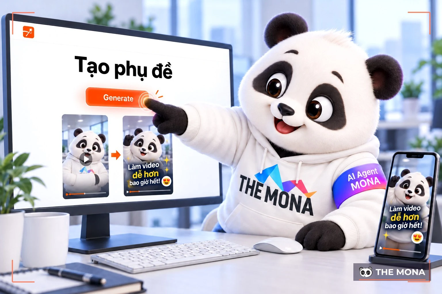 Gấu MONA bấm nút Generate, điện thoại hiện phụ đề chữ to kèm emoji