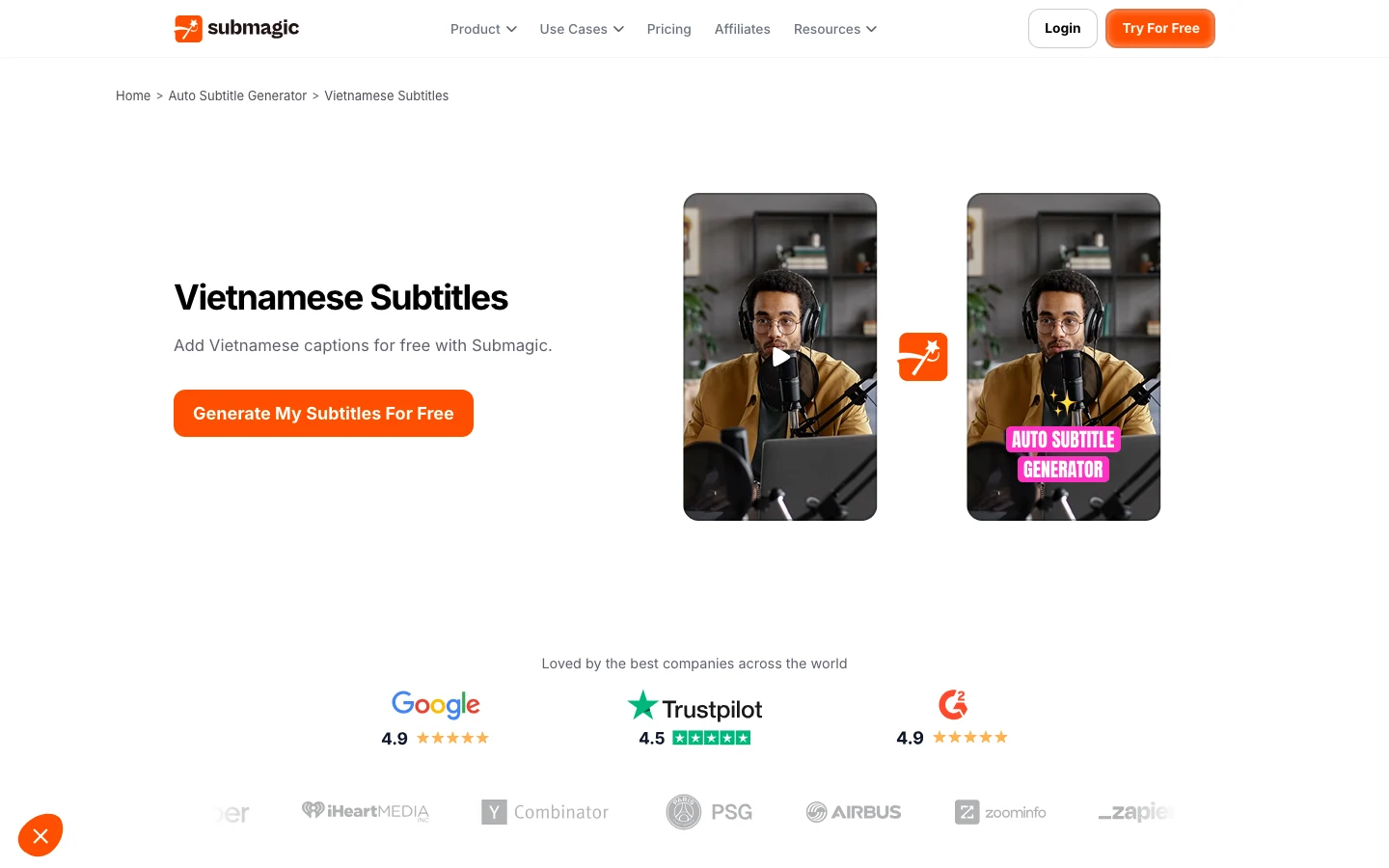 Trang phụ đề tiếng Việt của Submagic với nút tạo phụ đề miễn phí