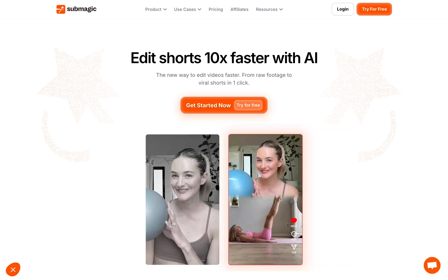 Trang chủ Submagic ngày 16/10/2026 với khẩu hiệu Edit shorts 10x faster with AI