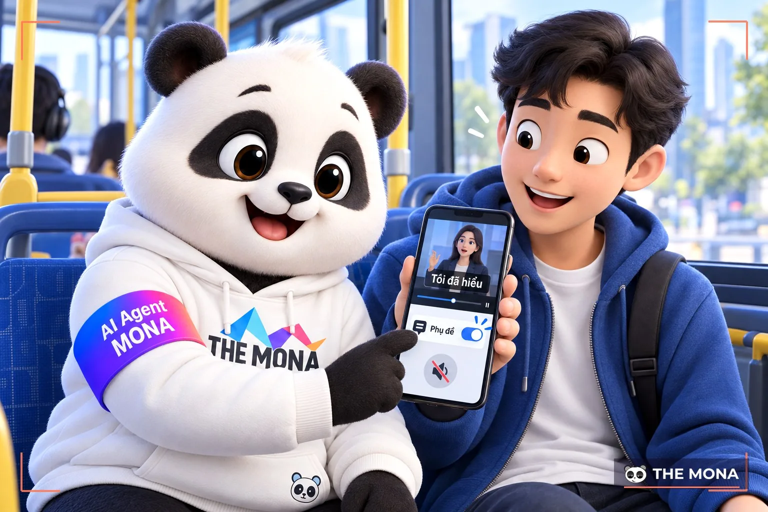 Gấu MONA bật phụ đề trên điện thoại tắt tiếng của hành khách xe buýt
