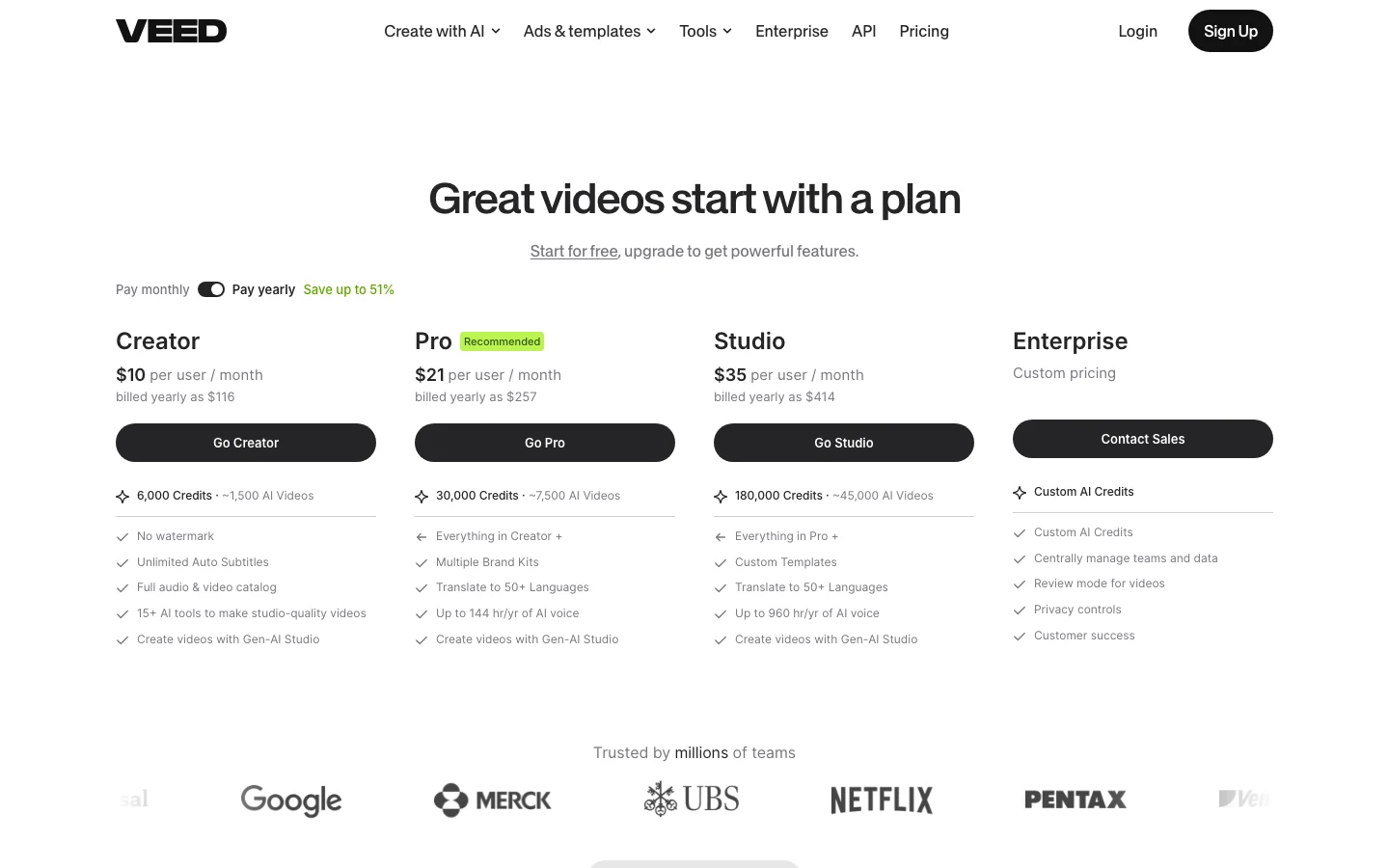Bảng giá VEED trả năm gồm Creator, Pro, Studio và Enterprise ngày 16/10/2026