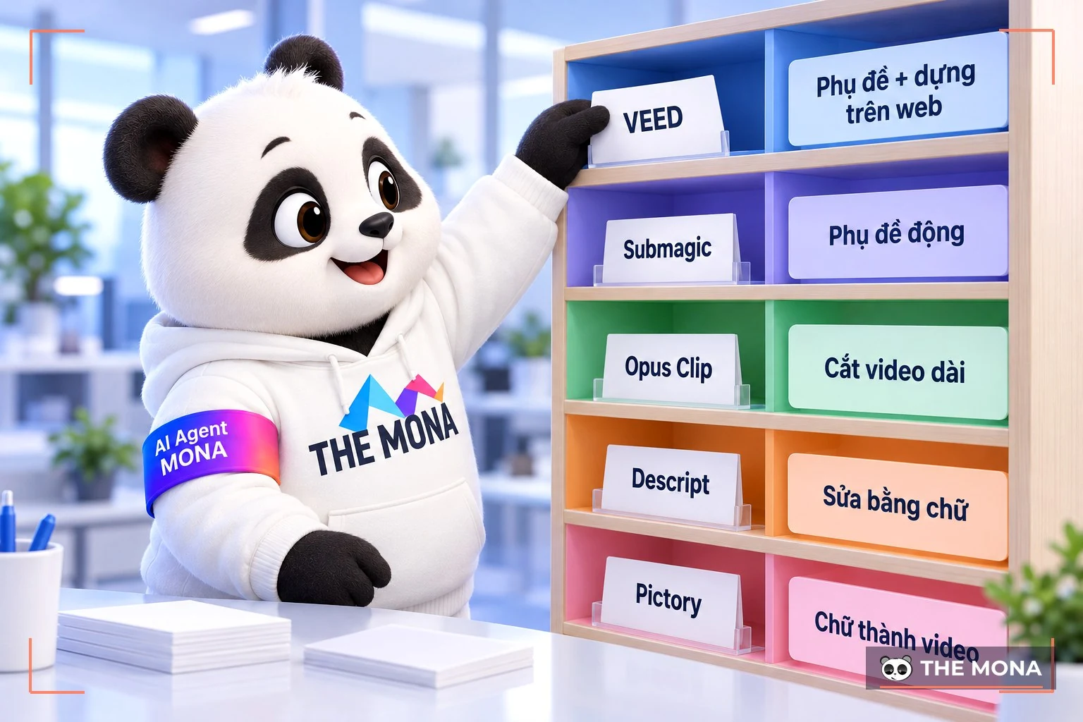 Gấu MONA xếp thẻ VEED, Submagic, Opus Clip, Descript, Pictory vào đúng ngăn việc