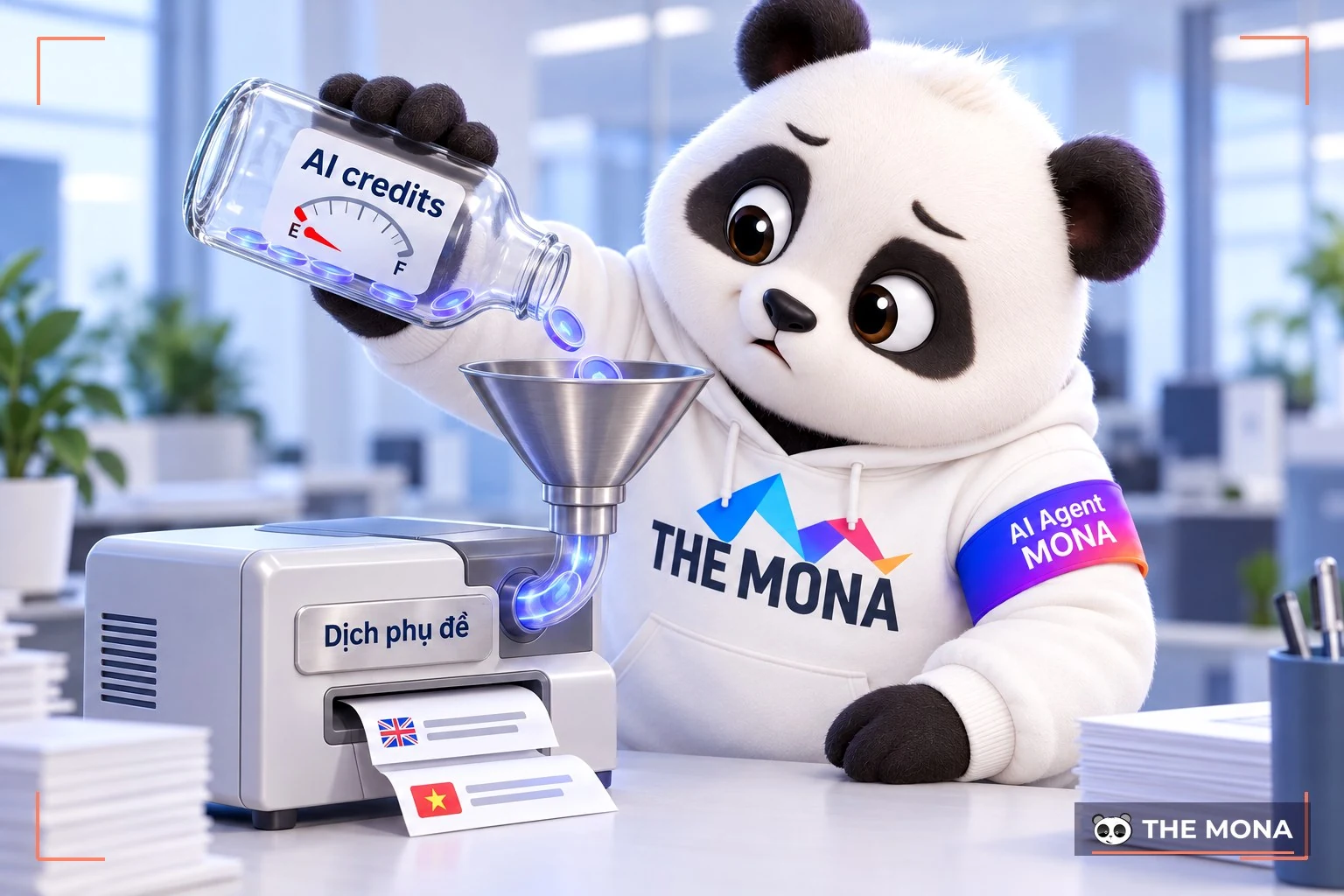Gấu MONA rót bình AI credits gần cạn vào máy dịch phụ đề