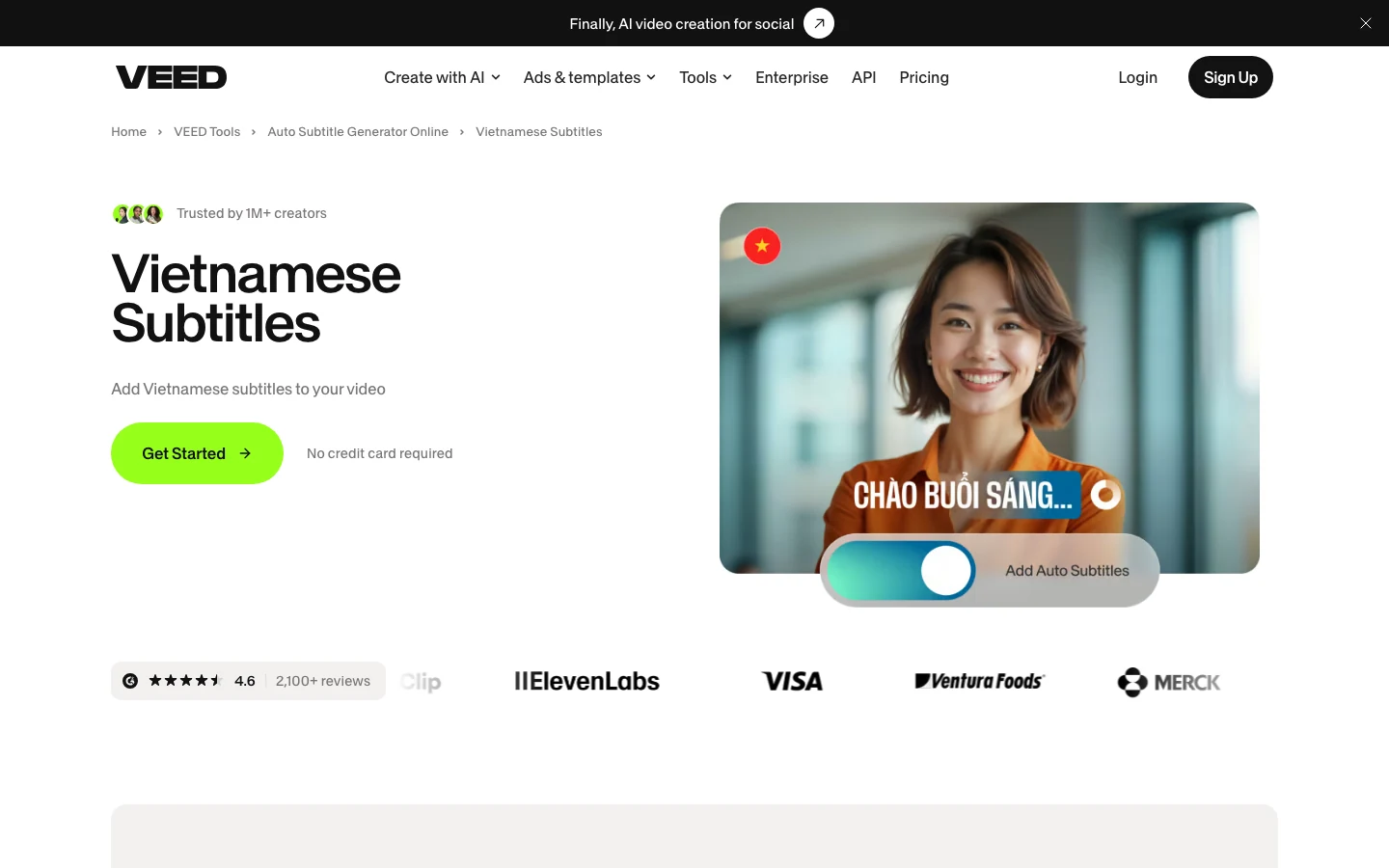 Trang phụ đề tiếng Việt của VEED với nút bật Add Auto Subtitles