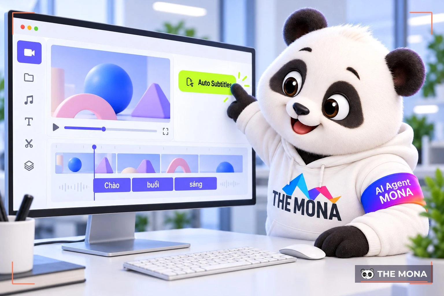 Gấu MONA bấm nút Auto Subtitles để phụ đề tiếng Việt hiện dưới video
