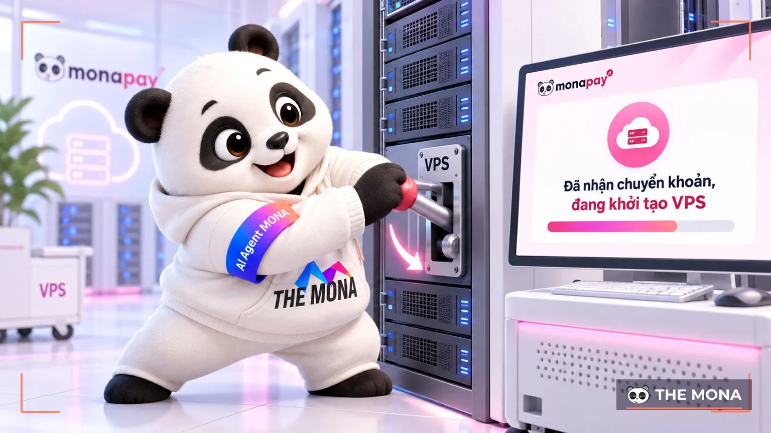 Gấu MONA kéo cần gạt trên tủ máy chủ VPS, màn hình bên cạnh hiện Đã