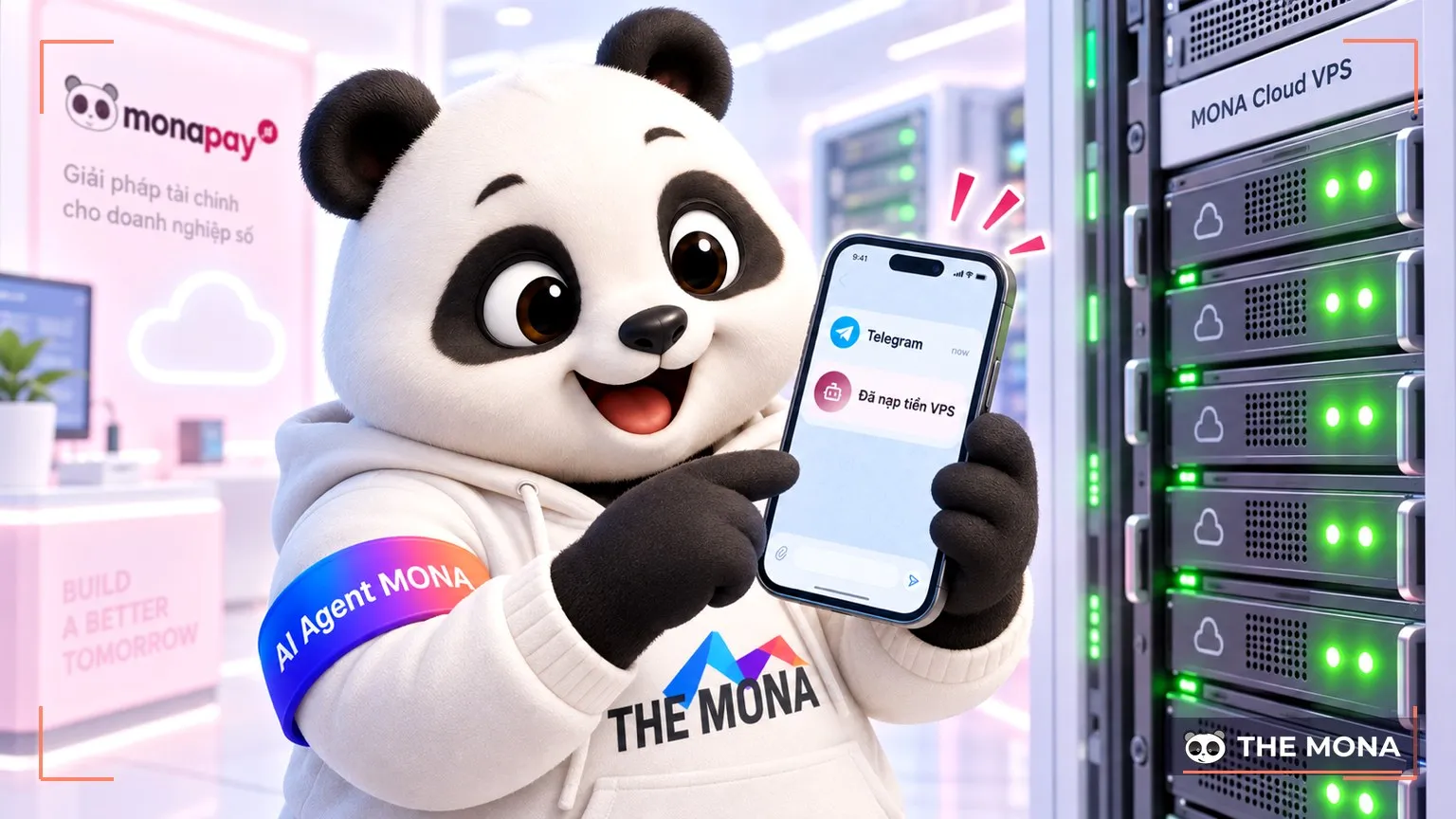 Gấu MONA cầm điện thoại hiện tin Telegram báo có nạp tiền VPS, đèn máy chủ