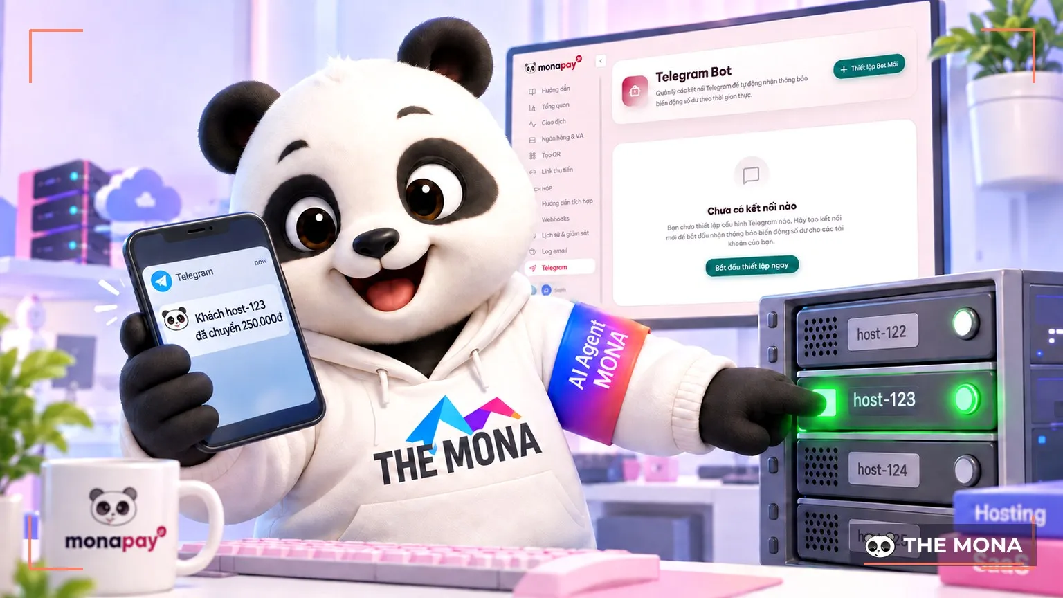 Gấu MONA nhận tin Telegram Khách host-123 đã chuyển 250.000đ, máy chủ của khách đó bật