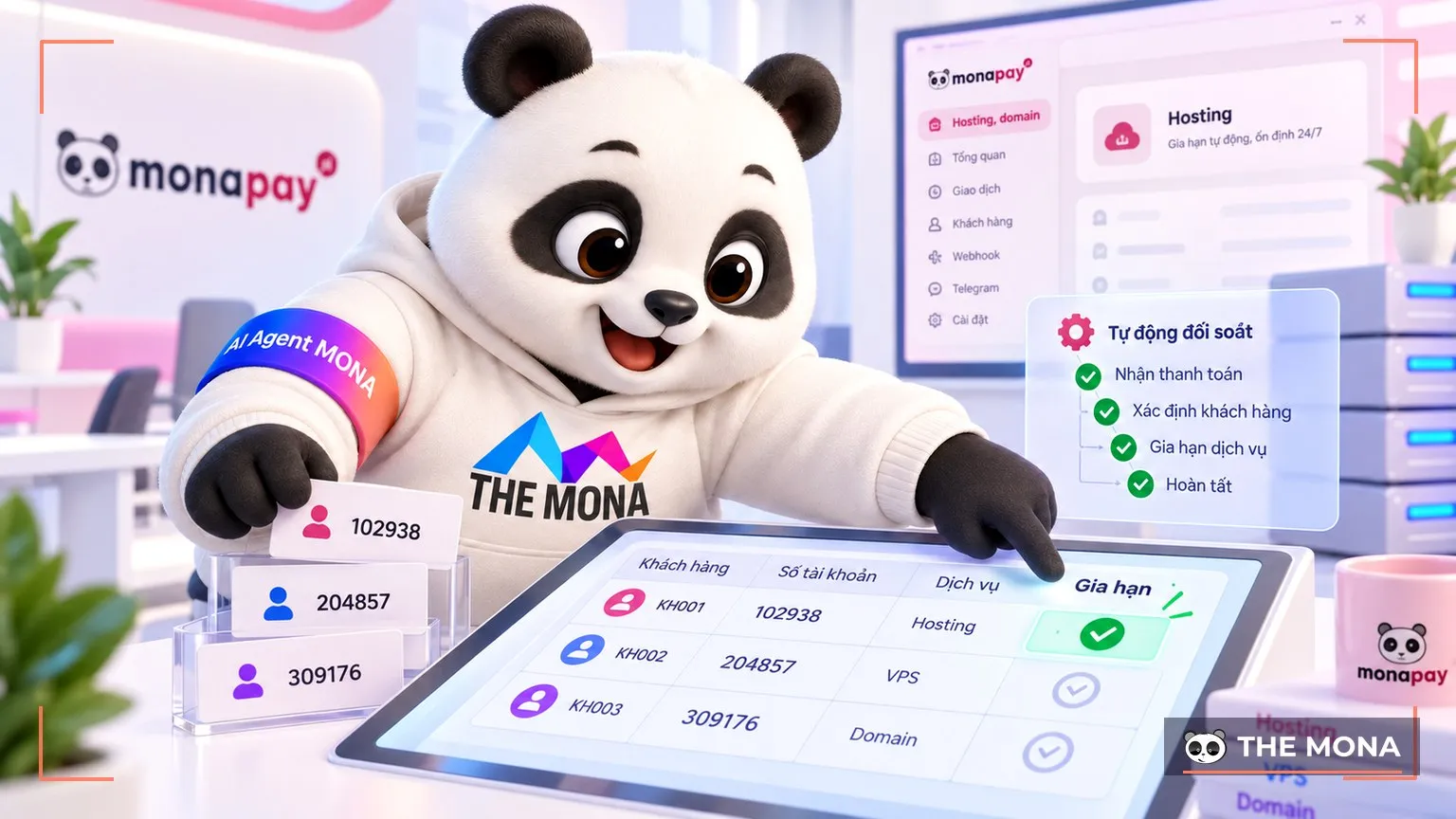 Gấu MONA xem bảng khách hàng hosting, cột Gia hạn tự tick xanh theo từng số