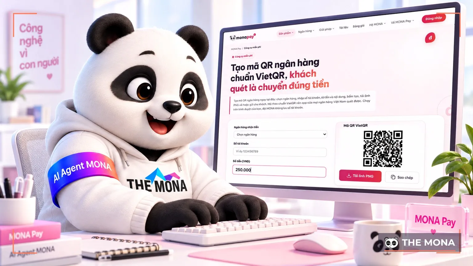 Gấu MONA gõ số tiền 250.000 vào ô công cụ tạo mã QR ngân hàng thật,