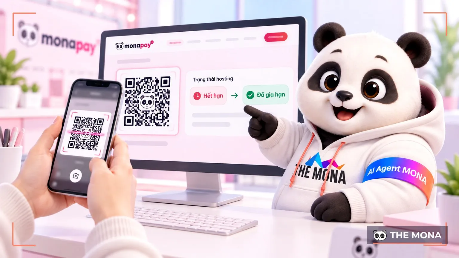 khách (bàn tay) quét QR bằng điện thoại, gấu bên cạnh chỉ vào màn gói