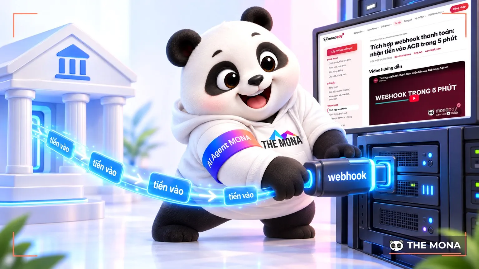 Gấu MONA cắm dây webhook từ biểu tượng ngân hàng vào máy chủ website, trên dây