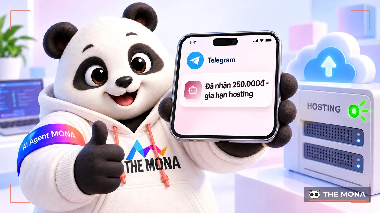 Gấu MONA giơ ngón cái trước điện thoại hiện tin Telegram Đã nhận 250.000đ - gia