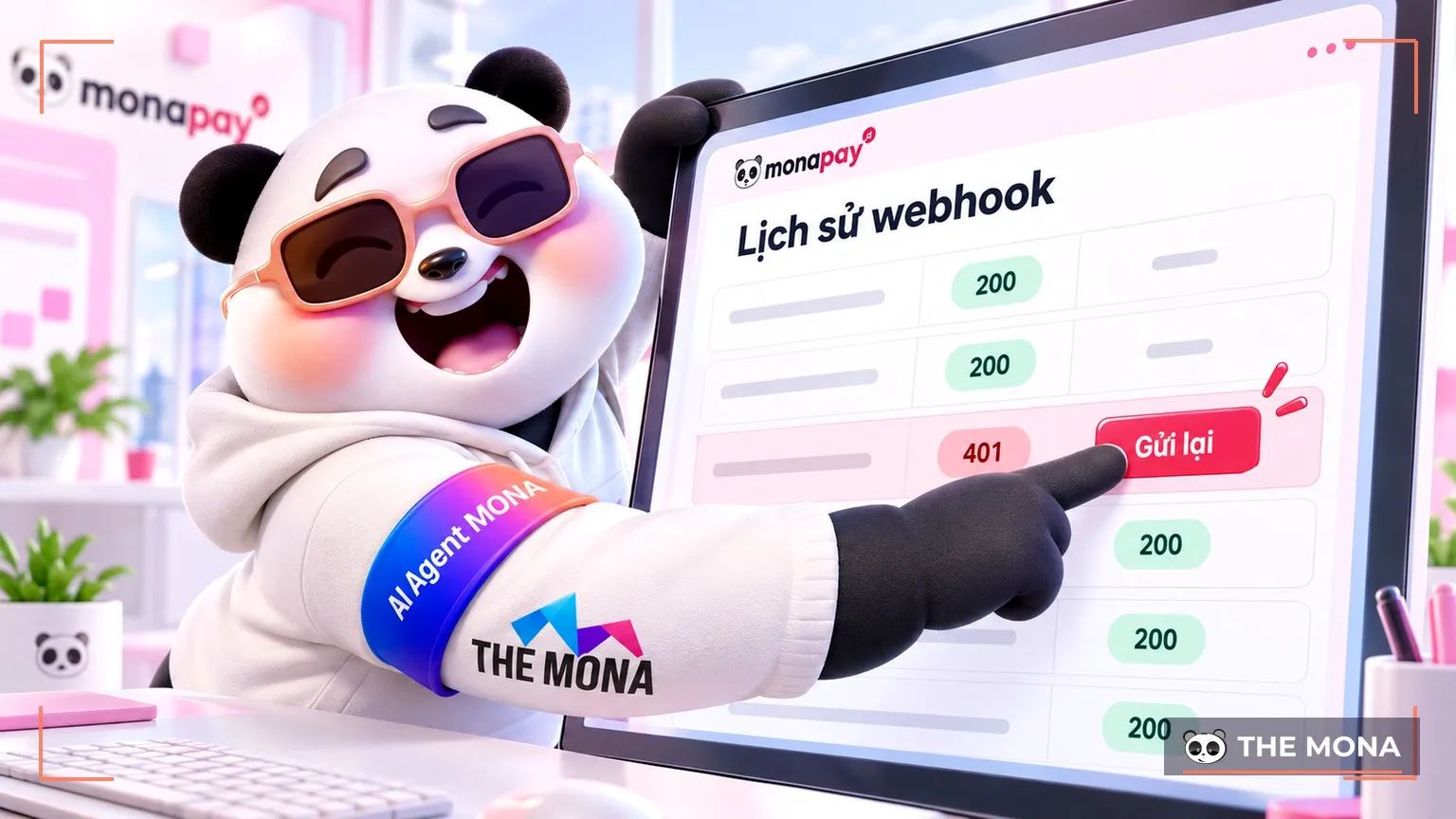 Gấu MONA xem màn lịch sử webhook, bấm nút Gửi lại cho 1 dòng lỗi 401