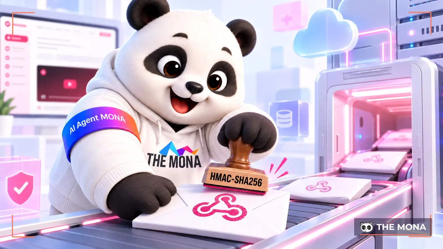 Gấu MONA cầm con dấu HMAC-SHA256 đóng lên phong bì webhook trước khi gửi vào máy