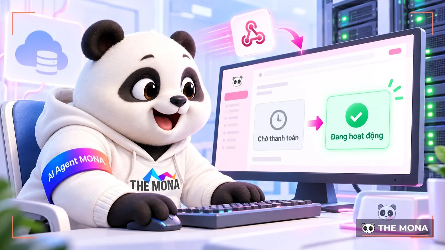 Gấu MONA nhìn màn máy chủ nhận webhook, trạng thái tài khoản SaaS bật từ Chờ
