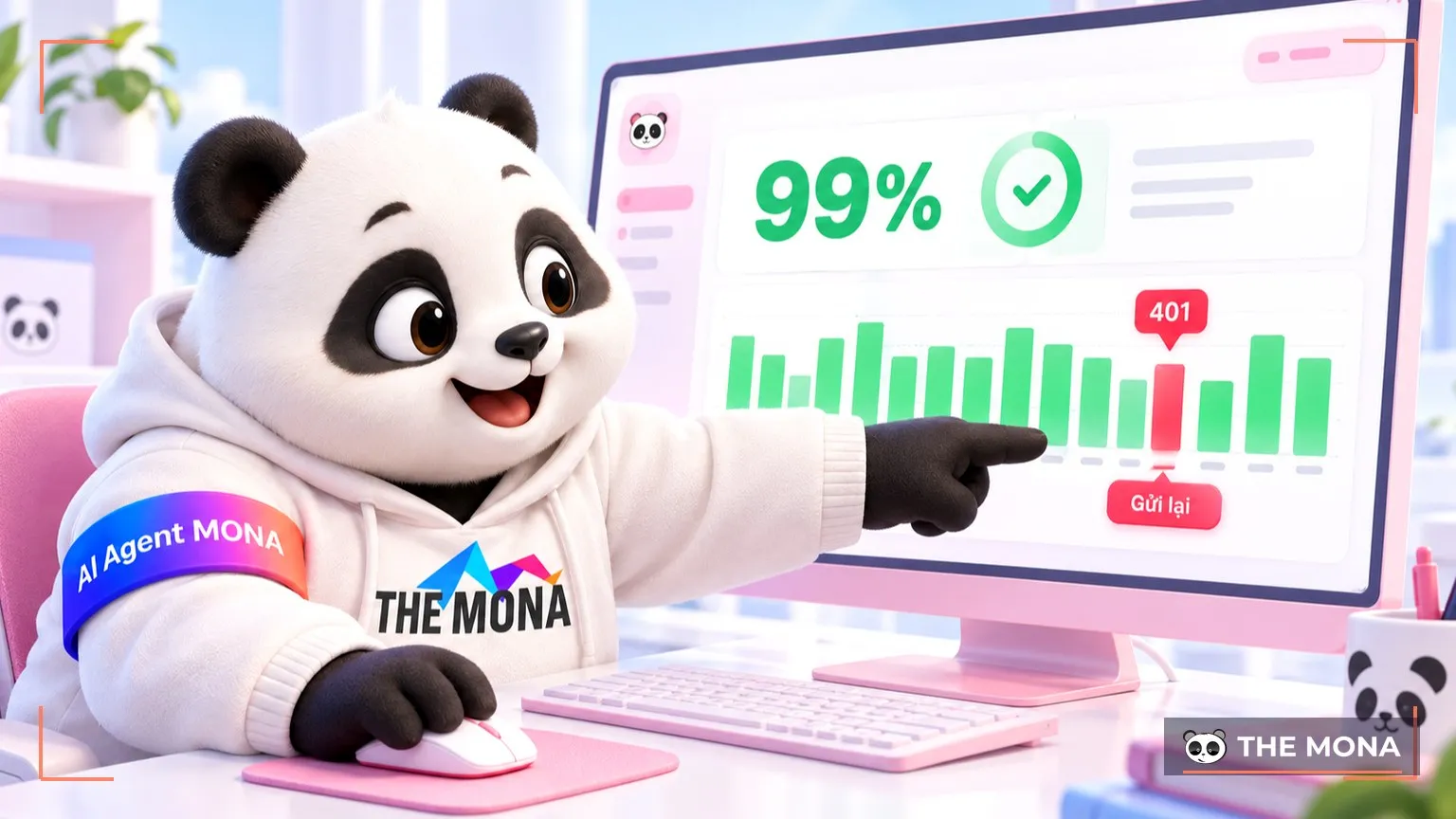 Gấu MONA xem biểu đồ tỉ lệ webhook thành công 99%, 1 cột đỏ lỗi 401